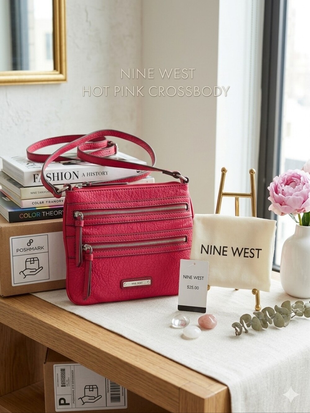 Nine West Red Coral Pebbled Faux Leather Crossbody Bag